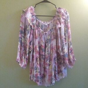 Womans 1X Zac & Rachel Pink and Purple Ruffled 3/4 Sleeve Blouse